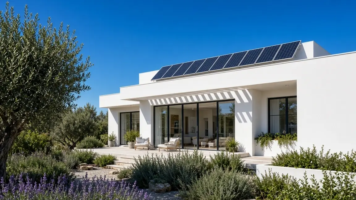 Casa mediterránea blanca de cubierta plana con placas solares, olivo y lavanda en el jardín