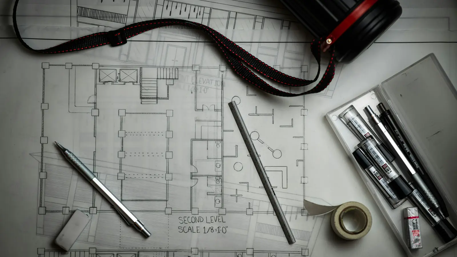 Planos de arquitectura de una vivienda con lápices y herramientas de dibujo